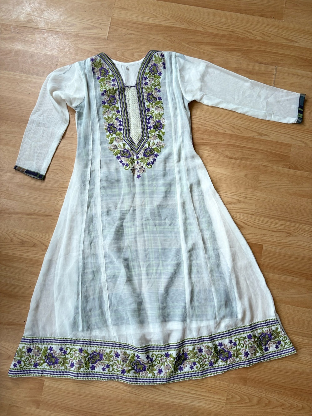 White Maxi Dress plaid Green Lining Purple Embroidery Whimsical Fairycore - Picture 2 of 5